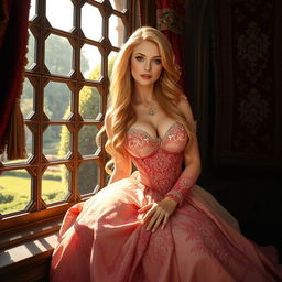 A beautiful princess with big breasts and long, flowing golden hair, sitting elegantly by a large castle window