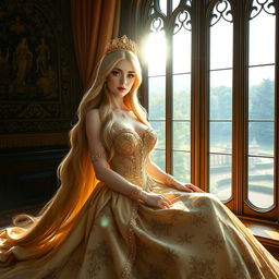 A beautiful princess with big breasts and long, flowing golden hair, sitting elegantly by a large castle window