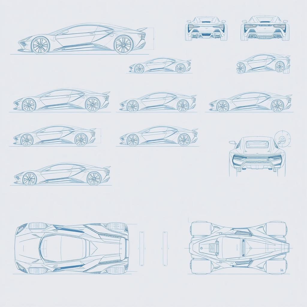 An extensive series of 100 futuristic car blueprint sketches, showcasing the vehicle from all dimensions including side view, front view, right view, left view, back view, top (up) view, and bottom (down) view