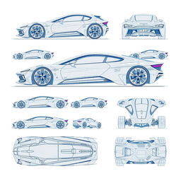 An extensive series of 100 futuristic car blueprint sketches, showcasing the vehicle from all dimensions including side view, front view, right view, left view, back view, top (up) view, and bottom (down) view