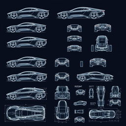 An extensive series of 100 futuristic car blueprint sketches, showcasing the vehicle from all dimensions including side view, front view, right view, left view, back view, top (up) view, and bottom (down) view