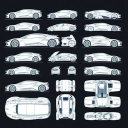 An extensive series of 100 futuristic car blueprint sketches, showcasing the vehicle from all dimensions including side view, front view, right view, left view, back view, top (up) view, and bottom (down) view