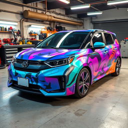 A Byd Seal car, adorned with vibrant, cool colors, showcasing a unique vinyl wrap design