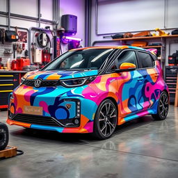 A Byd Seal car, adorned with vibrant, cool colors, showcasing a unique vinyl wrap design