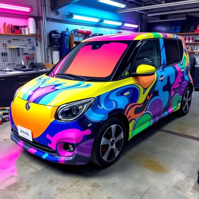 A Byd Seal car, adorned with vibrant, cool colors, showcasing a unique vinyl wrap design