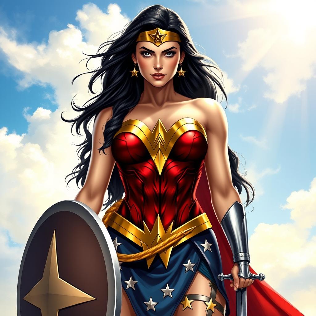 A powerful and heroic depiction of Wonder Woman standing confidently, wearing her iconic costume with the red top, blue skirt adorned with stars, and golden lasso