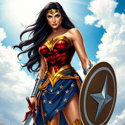 A powerful and heroic depiction of Wonder Woman standing confidently, wearing her iconic costume with the red top, blue skirt adorned with stars, and golden lasso