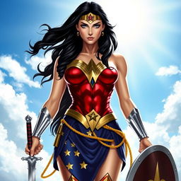 A powerful and heroic depiction of Wonder Woman standing confidently, wearing her iconic costume with the red top, blue skirt adorned with stars, and golden lasso