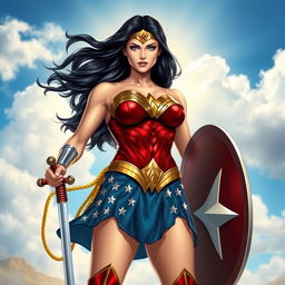 A powerful and heroic depiction of Wonder Woman standing confidently, wearing her iconic costume with the red top, blue skirt adorned with stars, and golden lasso