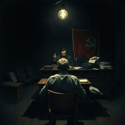 A gripping and atmospheric historical scene illustrating the oppressive atmosphere of Stalin's regime in the Soviet Union