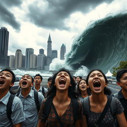 A dramatic scene in Jakarta showing a group of terrified people on a busy highway, mouths wide open in screams of fear