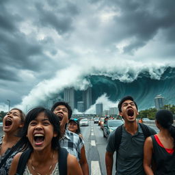 A dramatic scene in Jakarta showing a group of terrified people on a busy highway, mouths wide open in screams of fear