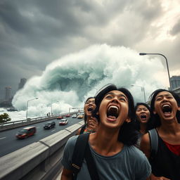 A dramatic scene in Jakarta showing a group of terrified people on a busy highway, mouths wide open in screams of fear