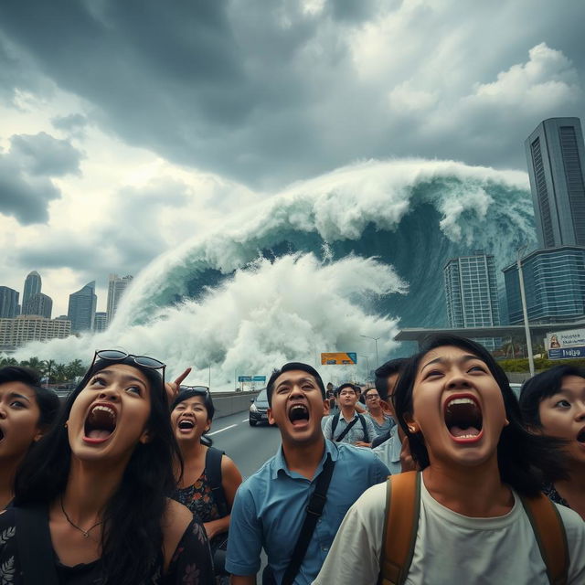 A dramatic scene in Jakarta showing a group of terrified people on a busy highway, mouths wide open in screams of fear