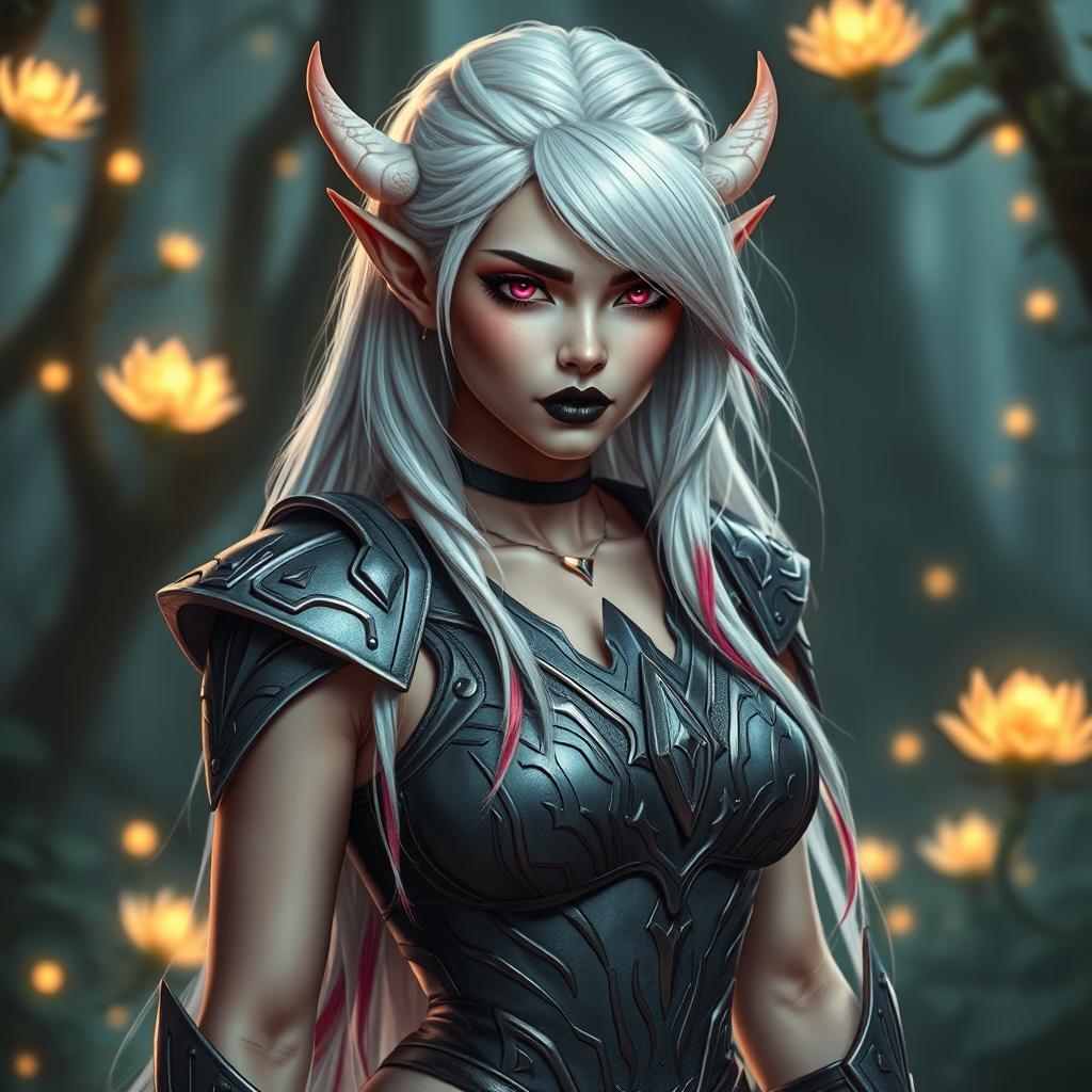 A fierce and ethereal elf with stunning white hair adorned with vibrant red highlights cascading down, wearing an intricately designed armored chestplate complemented by a sleek leotard and an armored skirt