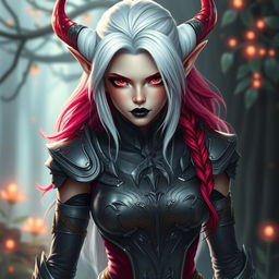 A fierce and ethereal elf with stunning white hair adorned with vibrant red highlights cascading down, wearing an intricately designed armored chestplate complemented by a sleek leotard and an armored skirt