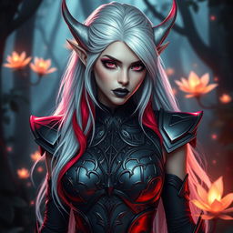 A fierce and ethereal elf with stunning white hair adorned with vibrant red highlights cascading down, wearing an intricately designed armored chestplate complemented by a sleek leotard and an armored skirt