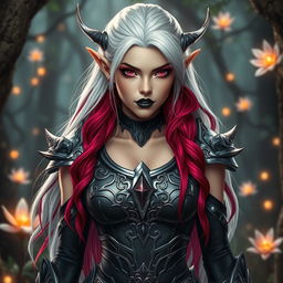 A fierce and ethereal elf with stunning white hair adorned with vibrant red highlights cascading down, wearing an intricately designed armored chestplate complemented by a sleek leotard and an armored skirt