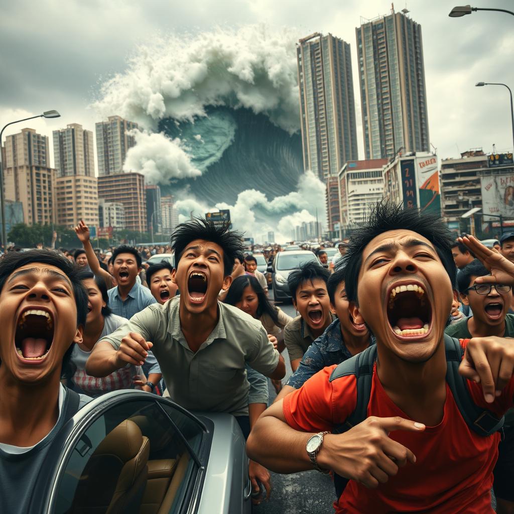 A chaotic scene depicting the citizens of Jakarta in a state of panic, all screaming with wide open mouths and terrified expressions, tears streaming down their faces as they run frantically on a congested highway