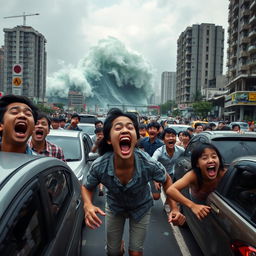 A chaotic scene depicting the citizens of Jakarta in a state of panic, all screaming with wide open mouths and terrified expressions, tears streaming down their faces as they run frantically on a congested highway