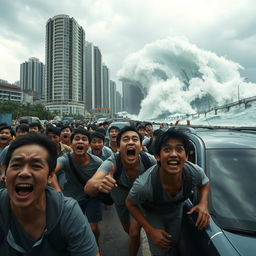 A chaotic scene depicting the citizens of Jakarta in a state of panic, all screaming with wide open mouths and terrified expressions, tears streaming down their faces as they run frantically on a congested highway