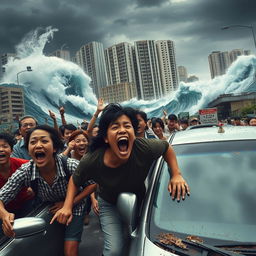 A chaotic scene depicting the citizens of Jakarta in a state of panic, all screaming with wide open mouths and terrified expressions, tears streaming down their faces as they run frantically on a congested highway