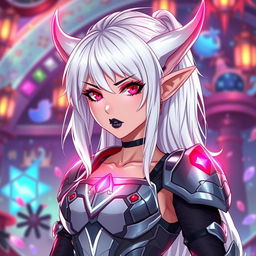 An anime-style fierce elf with glowing white hair featuring striking red highlights, wearing a stylishly designed armored chestplate paired with a sleek leotard and an armored skirt