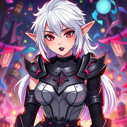 An anime-style fierce elf with glowing white hair featuring striking red highlights, wearing a stylishly designed armored chestplate paired with a sleek leotard and an armored skirt