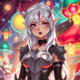 An anime-style fierce elf with glowing white hair featuring striking red highlights, wearing a stylishly designed armored chestplate paired with a sleek leotard and an armored skirt