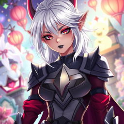 An anime-style fierce elf with glowing white hair featuring striking red highlights, wearing a stylishly designed armored chestplate paired with a sleek leotard and an armored skirt