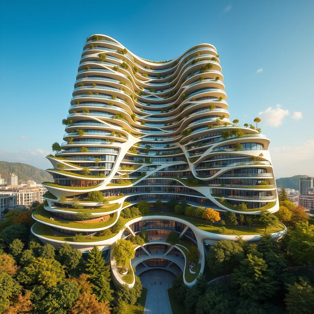 An elegant, futuristic residential building soaring to 40 floors, featuring a stunning curved and twisted bionic shape