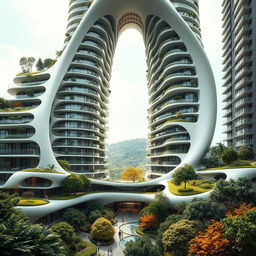 An elegant, futuristic residential building soaring to 40 floors, featuring a stunning curved and twisted bionic shape