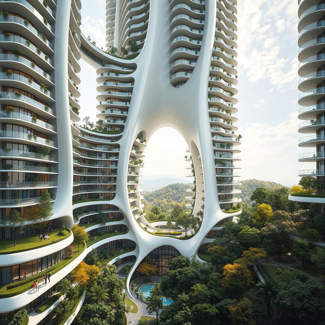 An elegant, futuristic residential building soaring to 40 floors, featuring a stunning curved and twisted bionic shape