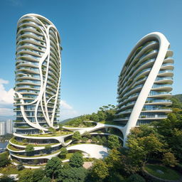 An elegant, futuristic residential building soaring to 40 floors, featuring a stunning curved and twisted bionic shape