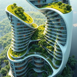 An elegant residential building designed with a stunning curved, twisted bionic shape and futuristic aesthetics, towering to 40 floors