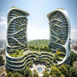 An elegant residential building designed with a stunning curved, twisted bionic shape and futuristic aesthetics, towering to 40 floors