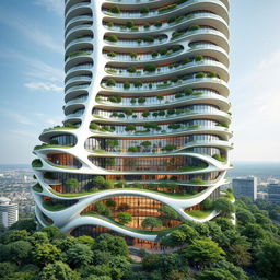 An elegant residential building designed with a stunning curved, twisted bionic shape and futuristic aesthetics, towering to 40 floors