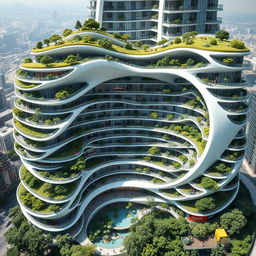 An elegant residential building designed with a stunning curved, twisted bionic shape and futuristic aesthetics, towering to 40 floors