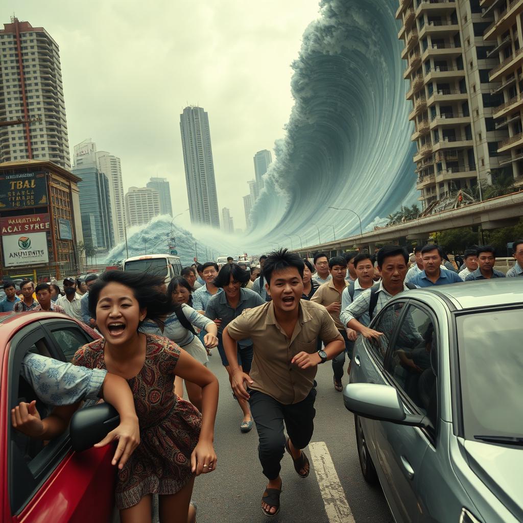 A dramatic scene in Jakarta showcasing citizens of all ages, genders, and socioeconomic statuses, sprinting on a busy highway, their faces a mix of fear and panic