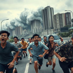 A dramatic scene in Jakarta showcasing citizens of all ages, genders, and socioeconomic statuses, sprinting on a busy highway, their faces a mix of fear and panic