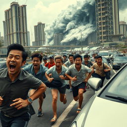 A dramatic scene in Jakarta showcasing citizens of all ages, genders, and socioeconomic statuses, sprinting on a busy highway, their faces a mix of fear and panic