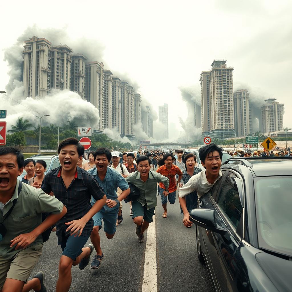 A dramatic scene in Jakarta showcasing citizens of all ages, genders, and socioeconomic statuses, sprinting on a busy highway, their faces a mix of fear and panic