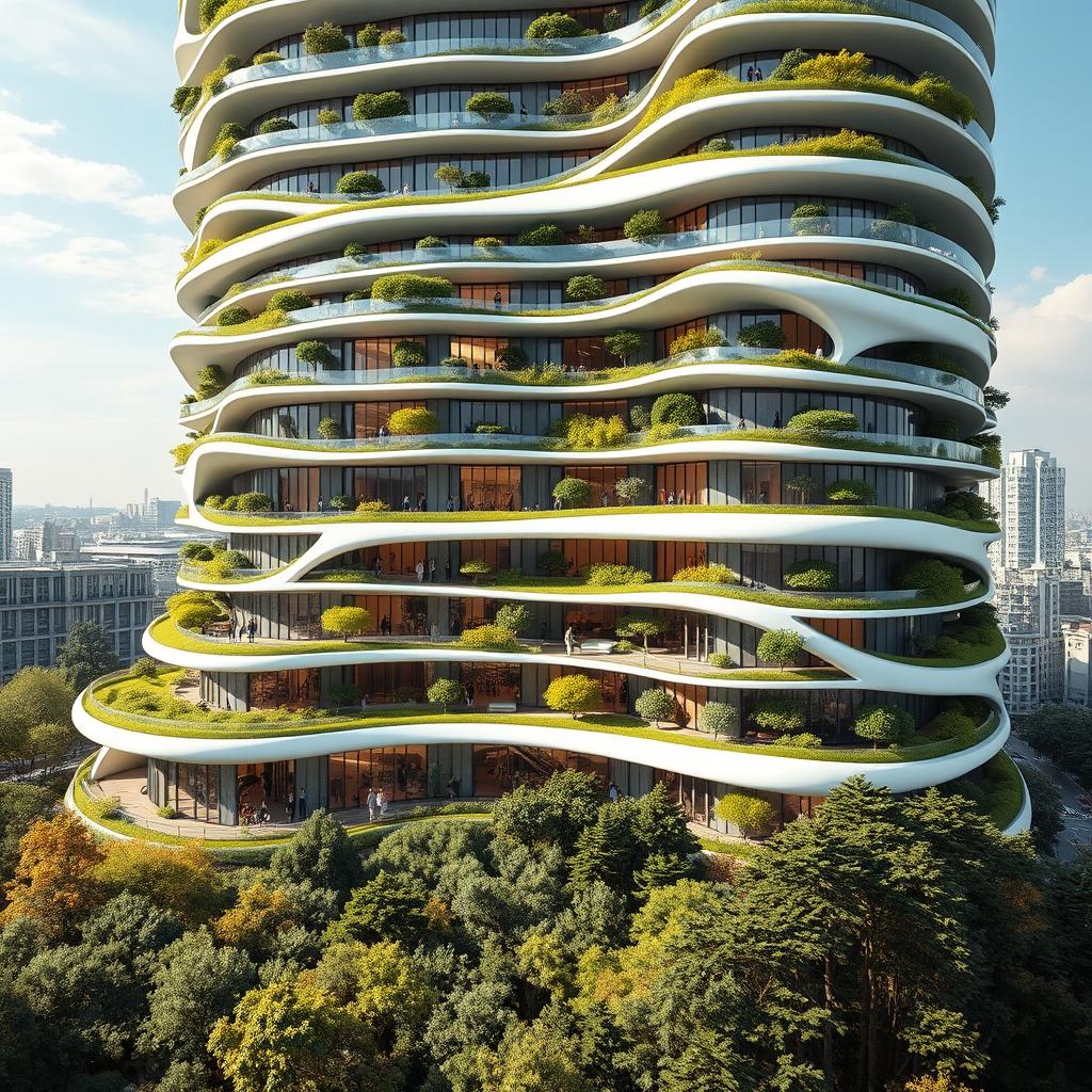 An elegant residential building with a striking curved, twisted bionic shape and a futuristic design, towering to 40 floors