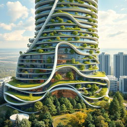 An elegant residential building with a striking curved, twisted bionic shape and a futuristic design, towering to 40 floors