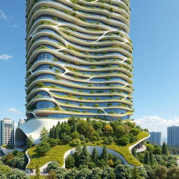 An elegant residential building with a striking curved, twisted bionic shape and a futuristic design, towering to 40 floors