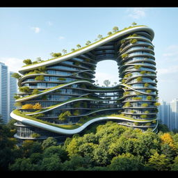 An elegant residential building with a striking curved, twisted bionic shape and a futuristic design, towering to 40 floors