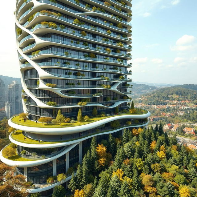 An elegant residential building with a striking curved, twisted bionic shape and a futuristic design, soaring to 40 floors