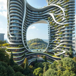 An elegant residential building with a striking curved, twisted bionic shape and a futuristic design, soaring to 40 floors