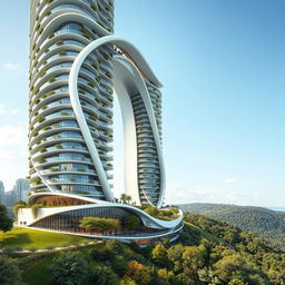 An elegant residential building with a striking curved, twisted bionic shape and a futuristic design, soaring to 40 floors