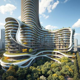 An elegant residential building with a striking curved, twisted bionic shape and a futuristic design, soaring to 40 floors